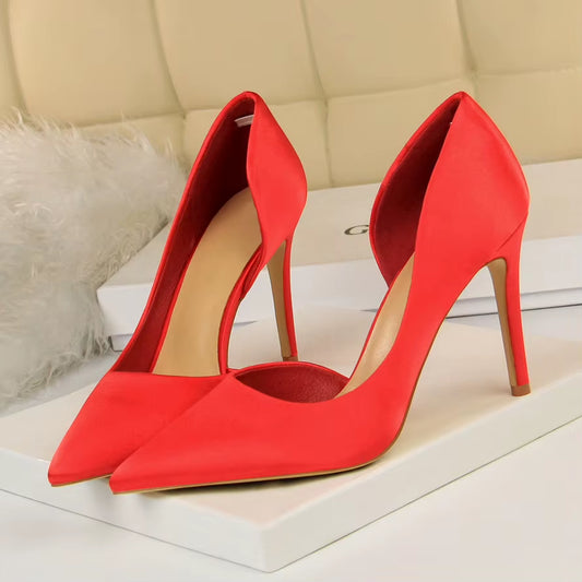 2023 Women 9.5Cm High Heels Blue Pumps Satin Escarpins Luxury Stiletto Lady Shoes High Heels Scarpins Burgundy Green Prom Shoes